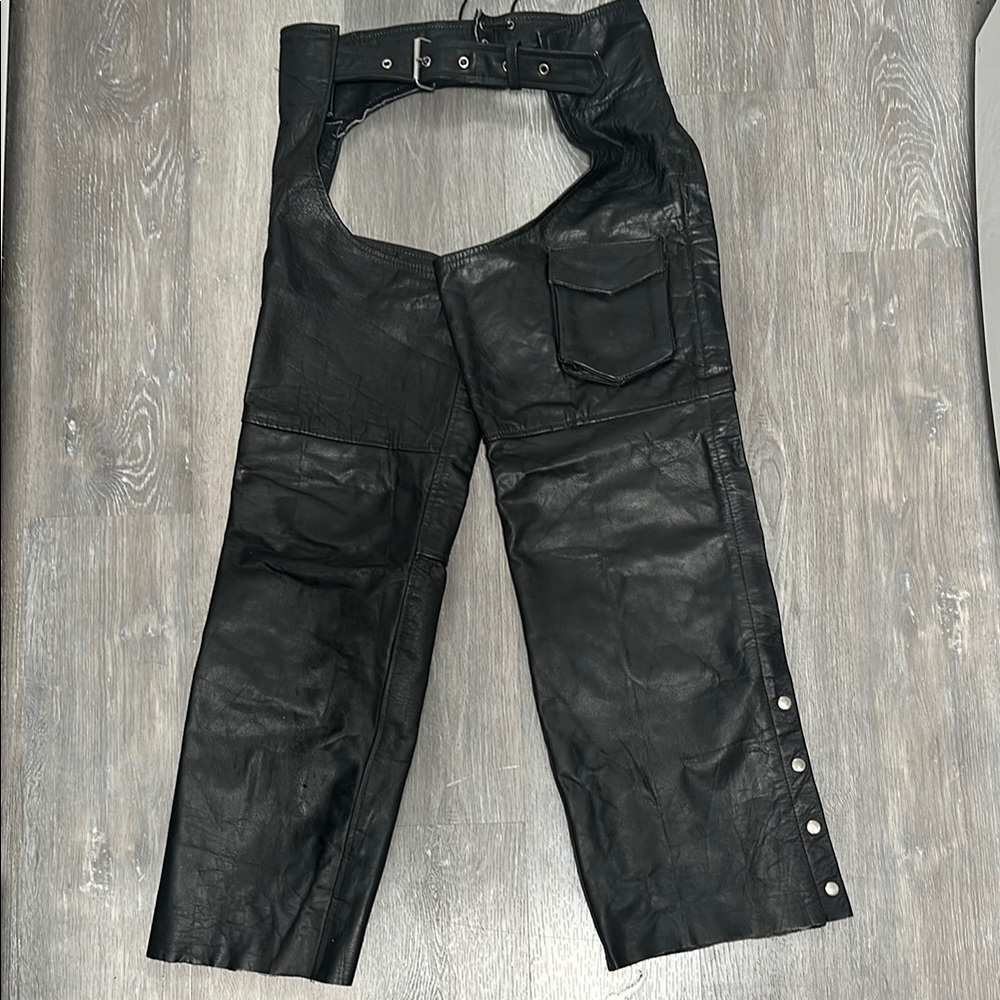 Vintage Bikers Leather Men's Black Leather Motorcycle Chaps Zip UP Pants